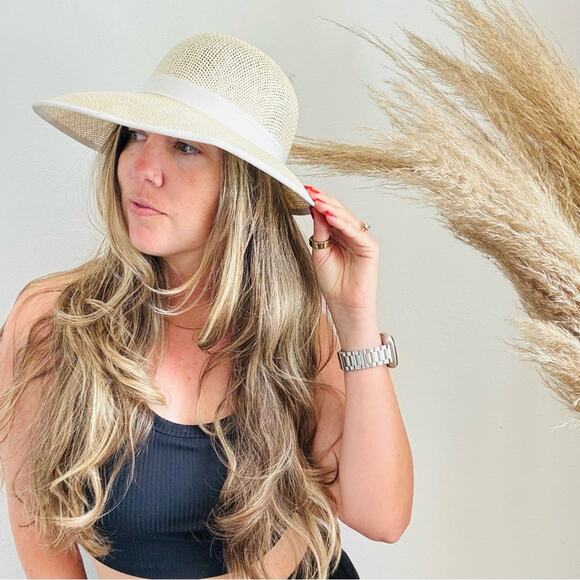 VINTAGE NORDSTROM Cream Tan Straw Wide Visor Brim White Bow Tie Ribbon Sun Hat - Picture 7 of 10